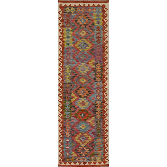 Colorful Kilim Reversible Runner Rug Hand-woven Wool Carpet - 2'7" x 9'4"