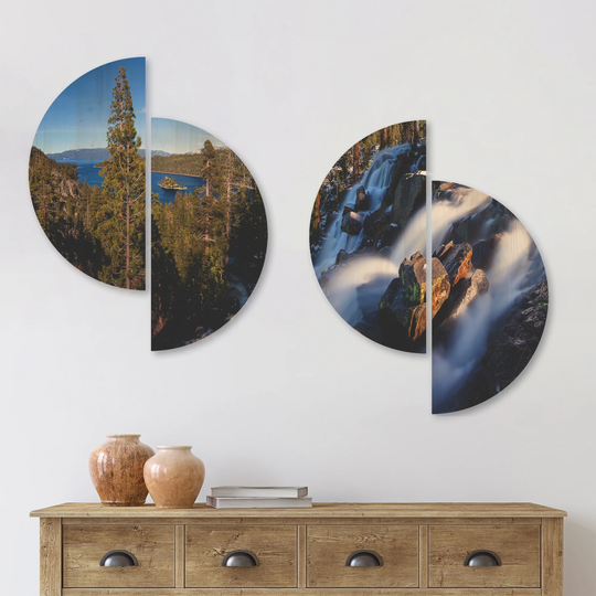 Designart 'Eagle Falls Emerald Bay Lake Tahoe' Landscape Wood Wall Art Set of 4 Half Circles - Multi-Color