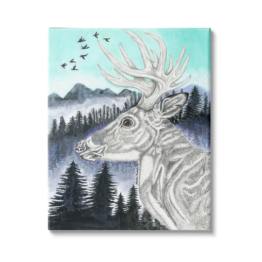 Stupell Industries Elk Pencil Pattern Portrait Blue Mountain Forest Landscape Canvas Wall Art