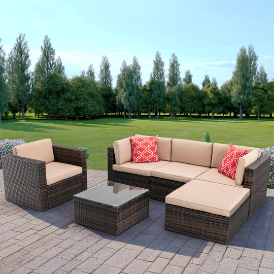 6 Pieces Patio Furniture Sectional Outdoor PE Rattan Wicker Lawn Conversation Cushioned Garden Sofa Set with Glass Coffee Table