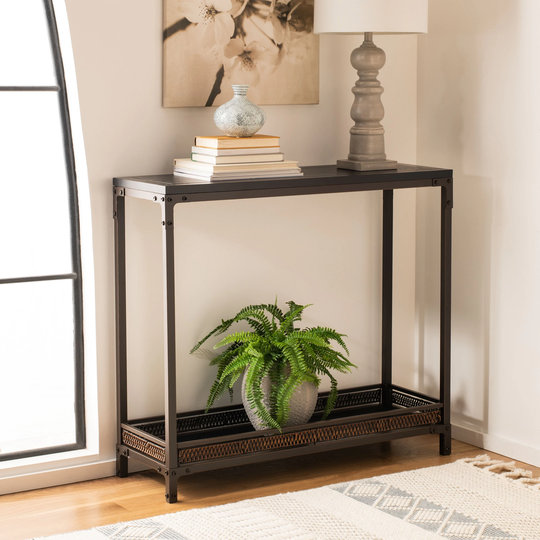 SAFAVIEH Bedford Wicker Accent Wood Top Console Table - 39.8" x 13.8" x 36.2"