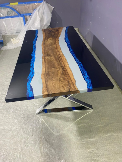 Epoxy Resin Table, Custom 96" X 40" Walnut Light Gray, Blue & Black Order For Christine