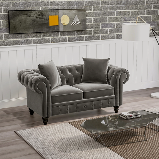 Luxury 63" Deep Classic Chesterfield Settee Velvet Button Tufted Solid Wood Loveseat Sofa Roll Arm with 2 Pillows