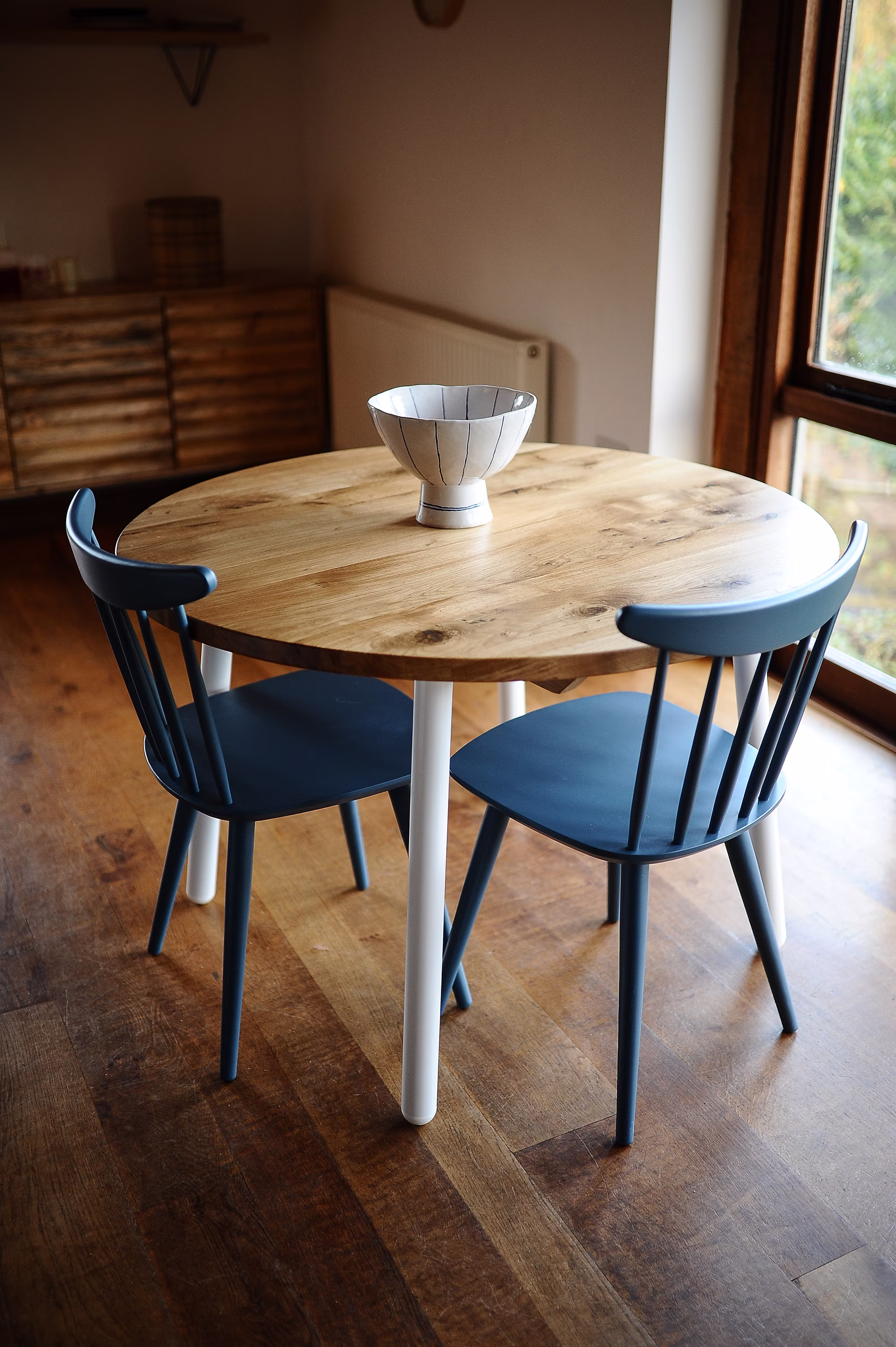 Round Dining Table, Reclaimed Industrial Style, Solid Oak On Danish Steel Legs, 7Magok Kitchen 90 cm & Others, Customisable
