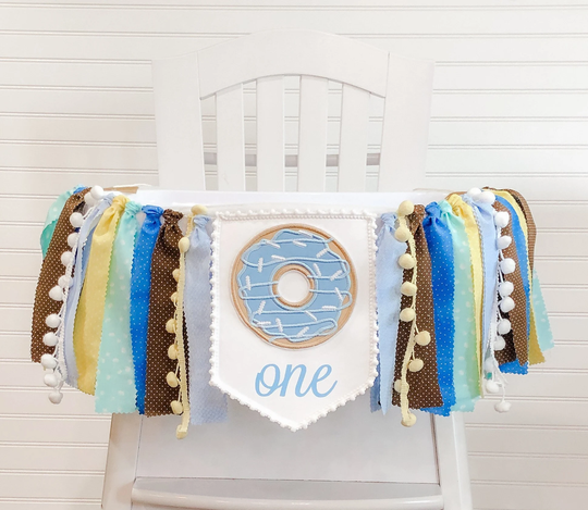 Donut 1st Birthday High Chair Banner, Green & Blue Party