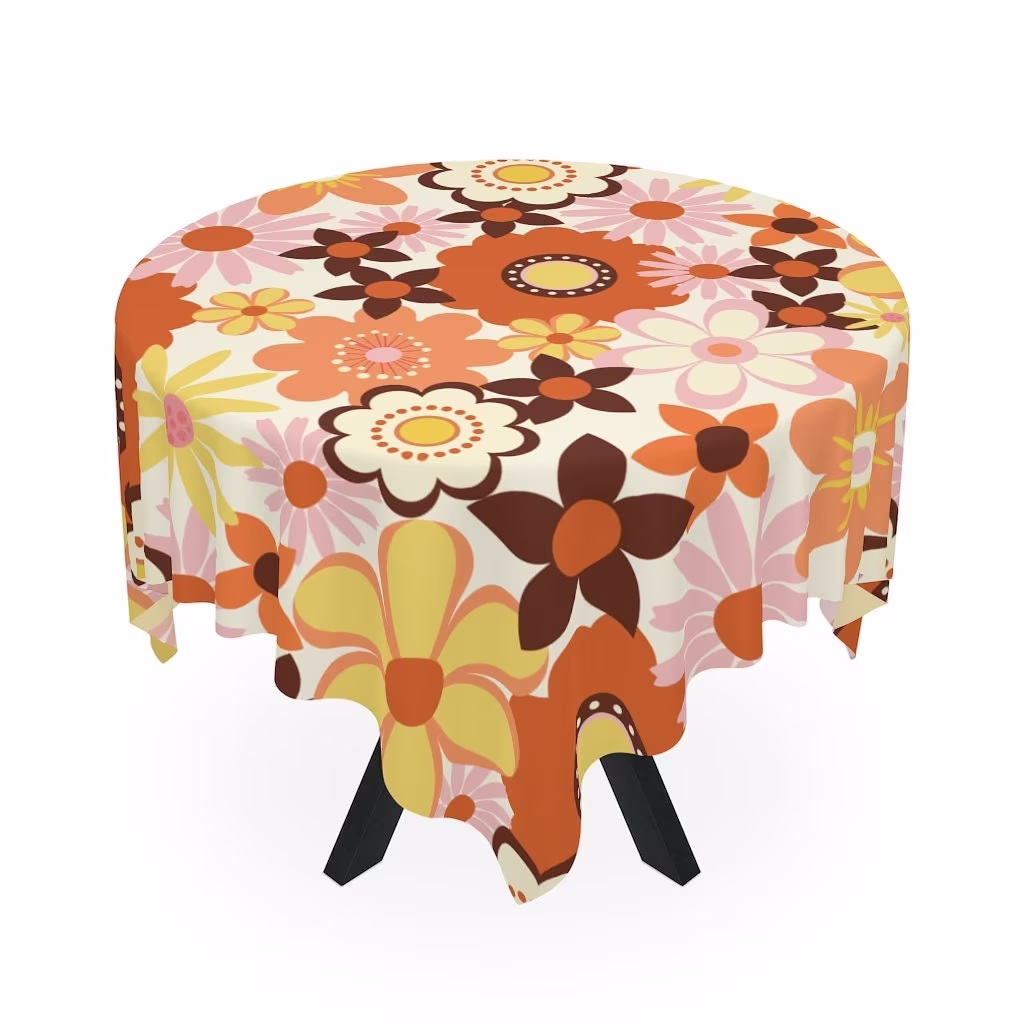 Retro Floral Tablecloth, Vintage Table Linens, Flower Power Mod Covers, Mid Century Print Tablecloth Gifts