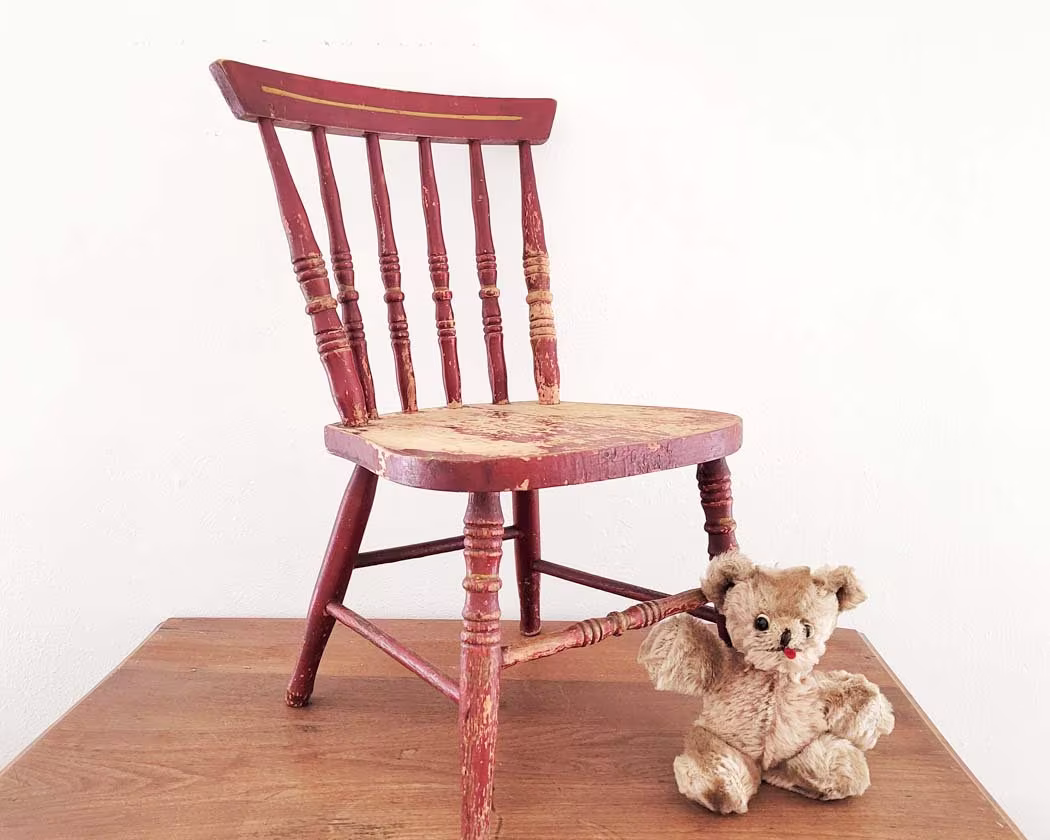 Vintage Childs Red Chair, Wooden Rustic Chair