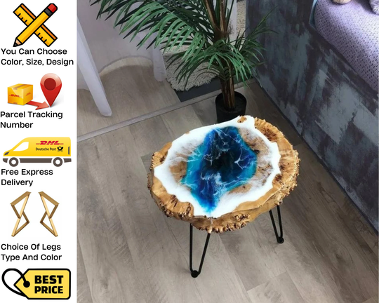 Epoxy Resin Coffee Table, Round Live Edge Small End Tables For Living Room, Custom Home Décor, & Table