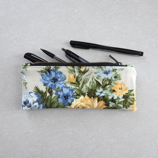 Floral Pencil Case, Blue Yellow Vintage Fabric