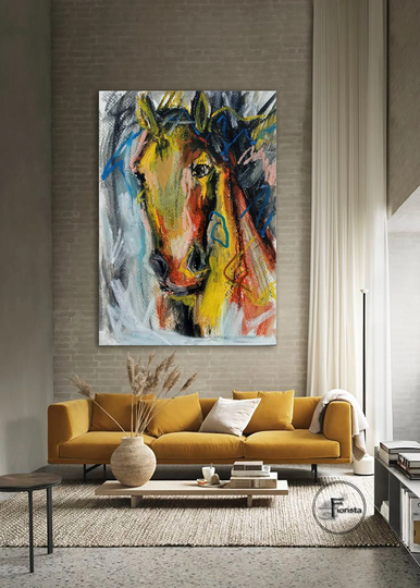 Horse Portrait Equine Art Colorful Abstract Painting On Walls Large Size Acrylic Large Bright Color Palette Yellow Horse