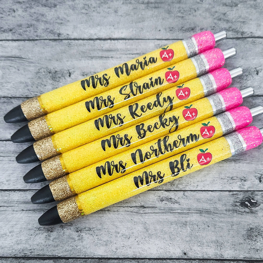 Pencil Pen, Glitter Pens, Teacher Gift, Teacher Appreciation Gift Pen, Gel Resin, Back To School, Lanyard
