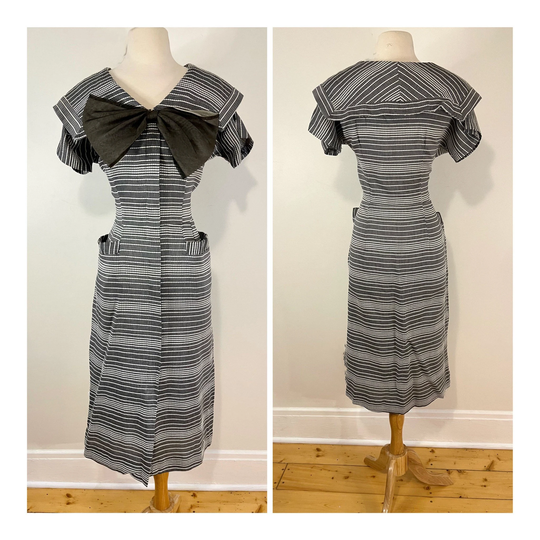 Vintage 1950S Pencil Dress Black, Gray, & White Striped Midi Garden Party