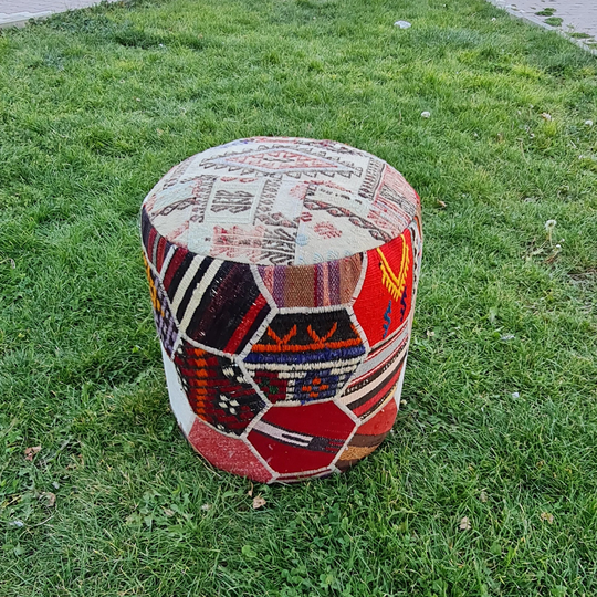 Handmade Ottoman Pouf, Vintage Kilim Hand Woven Pouf Ottoman, Stool, Turkish Rug Round Chair