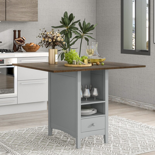 Farmhouse Wood Counter Height Dining Table with Drop Leaf, Kitchen Table with Wine Rack and Drawers for Small Places