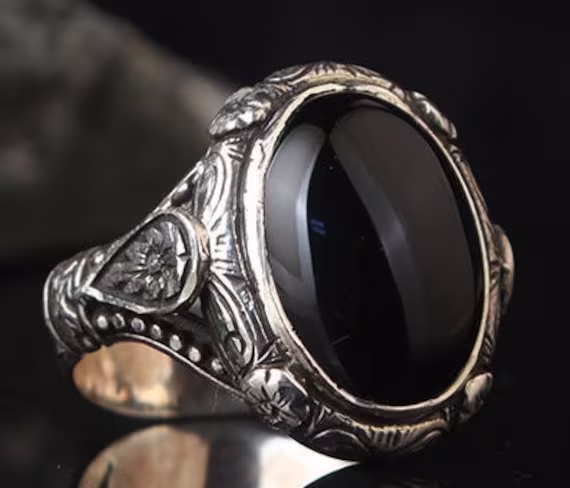 Flower Patterned Pencil Embroidered Art Handmade Mens Ring-Onyx Stone Ring-Jewelry Gift For Mens-Silver Rings For Men-Men Onyx Ring Gifts