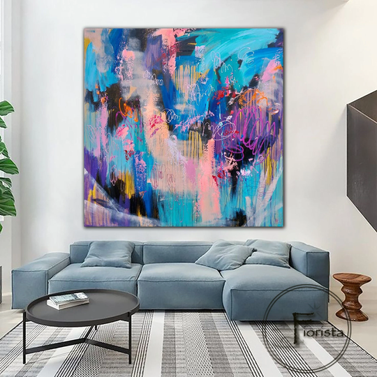 45"x45" Large Abstract Colorful Canvas Paintings Acrylic Painting Modern Vivid Wall Art Expressionist Fireplace Oil Purple