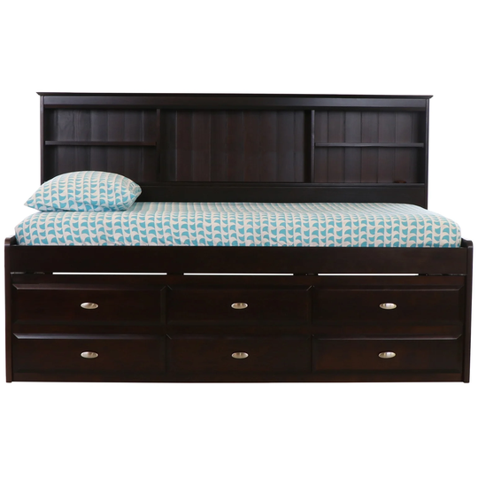 OS Home and Office Furniture, Solid Pine Twin Daybed with Six Drawer Storage Unit in Dark Espresso