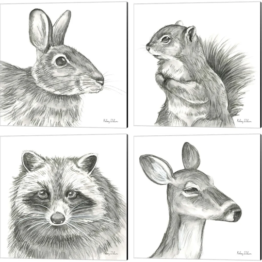 Kelsey Wilson 'Watercolor Pencil Forest (Rabbit, Squirrel, Raccoon & Fawn)' Canvas Art (Set of 4)