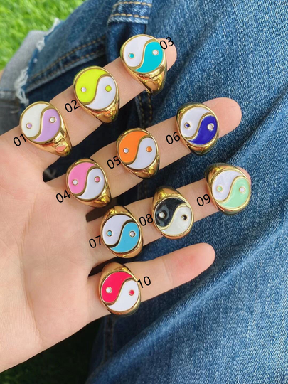 5-10Pcs, Gold Color Metal Taiji Rings Korean Cute Enamel Yin & Yang For Women Vintage Jewelry New Gifts