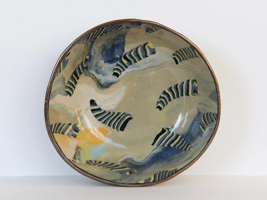 Colorful Patterned Nerikomi Bowl, Stoneware Ramen Bowl, Sage Marbled Soup Dish, Blue Yellow Black Stripe Design Medium Ceramic Bowl Gold Rim