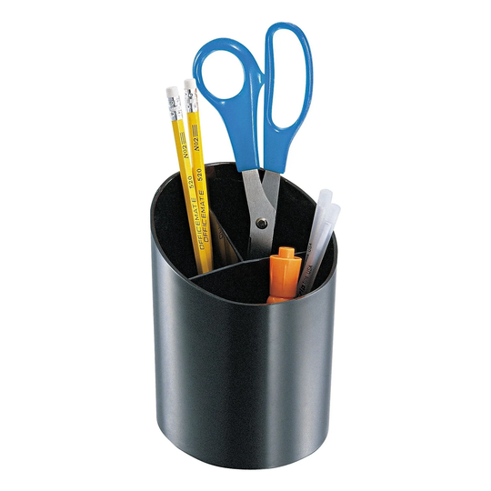 Officemate Recycled 3-Compartment Black Plastic Pen Cup - 5.75" x 4.5" x 4.25"