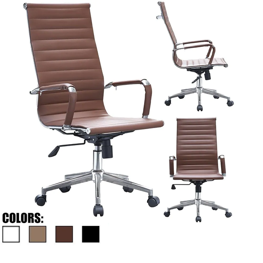 Brown Executive Ergonomic High Back Modern Office Chair Ribbed PU Leather Swivel for Manager Conference Computer Desk