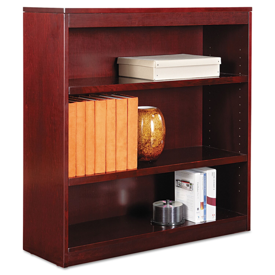 Square Corner Wood Veneer Bookcase, Three-Shelf, 35.63 x 11.81 x 35.91, Mahogany - 35.63" x 11.81" x 35.91"