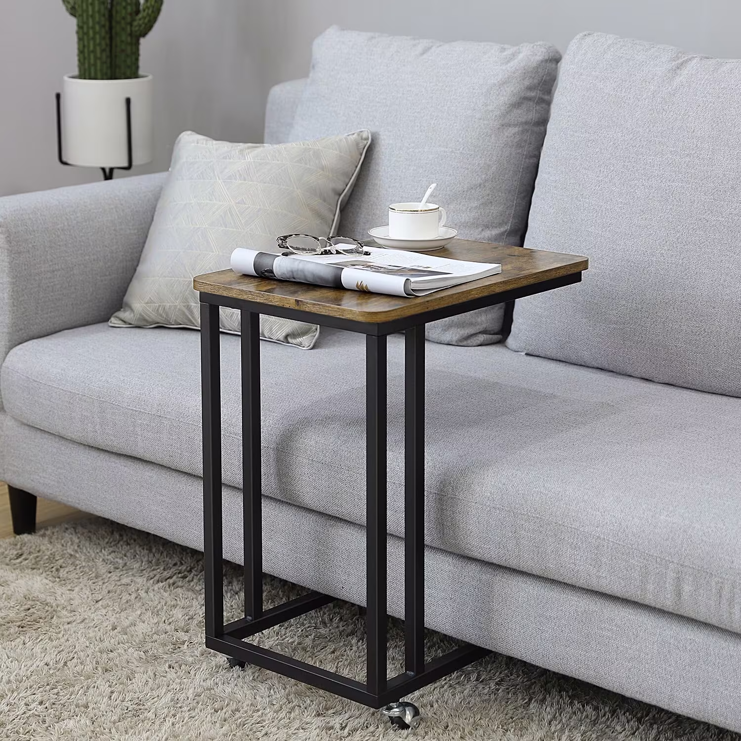 Vintage Snack Table| Laptop Coffee Desk Tablet| Slide Sofa Couch| Wood Look Accent Furniture With Metal Frame| Rolling Casters