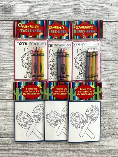 Fiesta-Birthday Favors-Kids Coloring Packs - Birthday-Party Supplies-Personalized-Coloring Page-Custom Topper-Crayons-Three-Esta