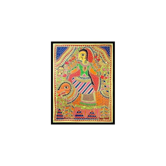 Handmade Angry Goddess Durga Madhubani Painting (India) - Orange/Multi-color