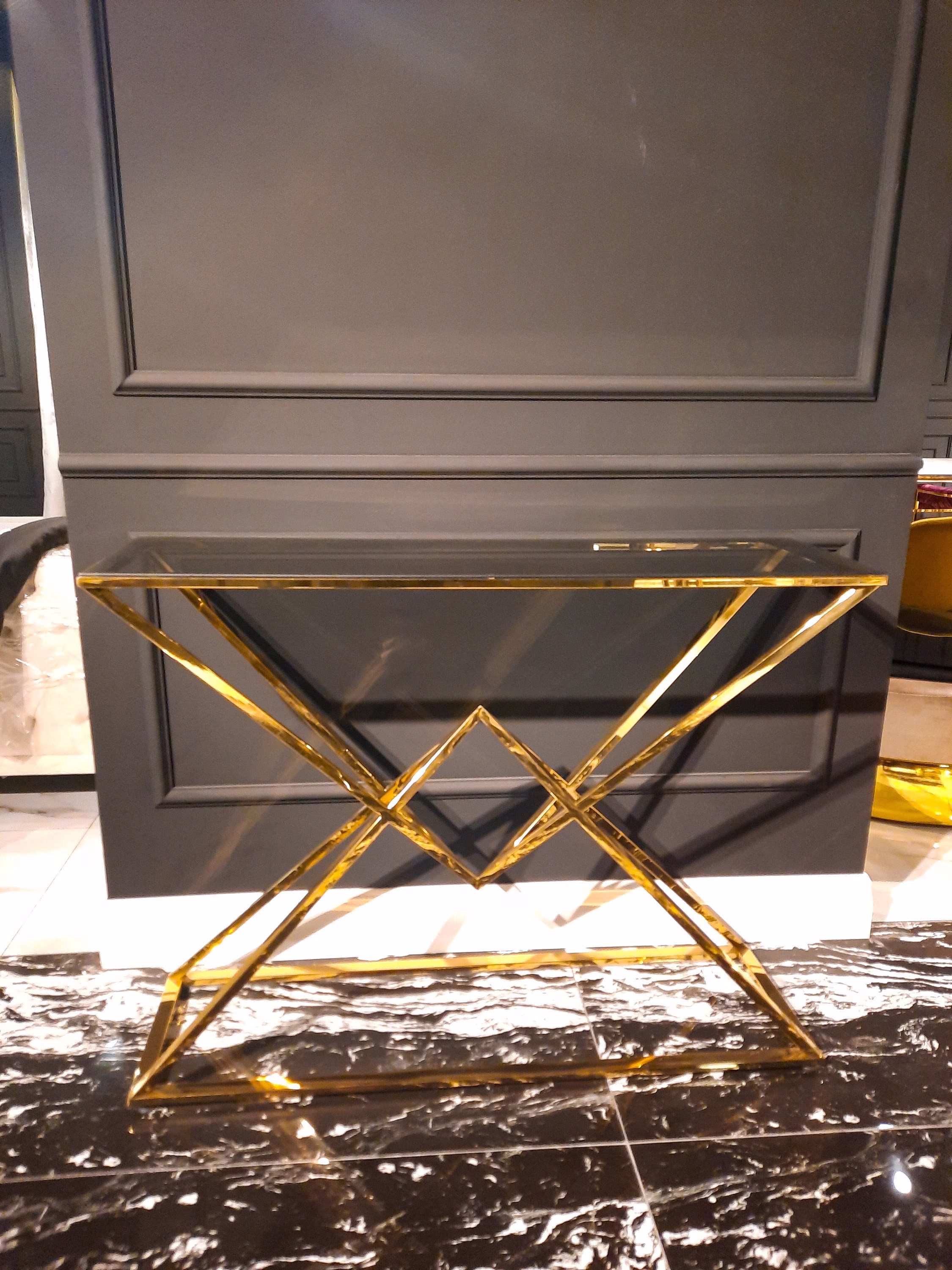 Titanium Gold Console Table, Glass Stainless Steel, Entryway Contemporary Unique Table