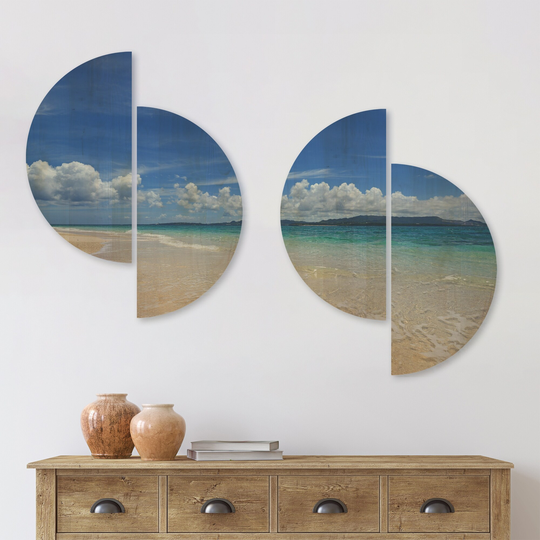 Designart 'Gorgeous Beach in summertime' Modern Seascape Wood Wall Art Set of 4 Half Circles - Multi-Color