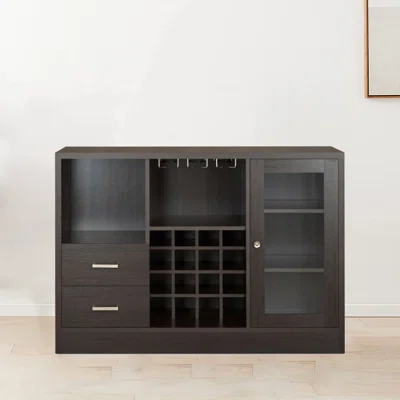 Wood Storage Sideboard With Wine Rack And Cabinet With Glass Front Doors