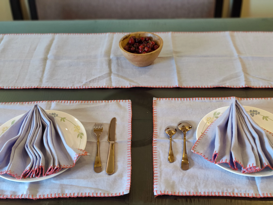 Table Linen Set Runner | 1 Napkins | 4 Tablemat Lavender Hand Embroidered Side Embellished Dinin Handmade, Flat 25% Off
