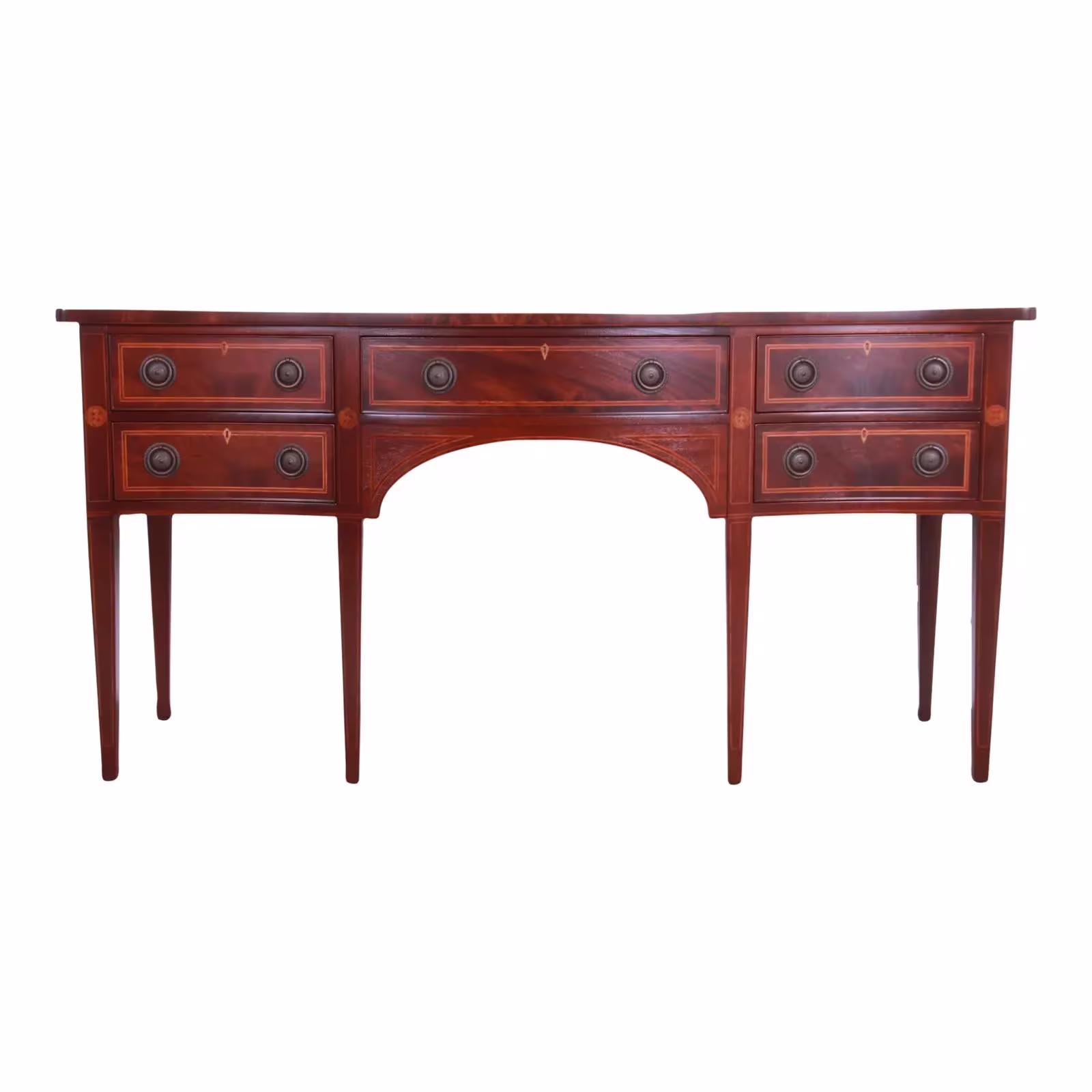 Baker Furniture Hepplewhite Flame Mahogany & Inlaid Satinwood Sideboard, Newly Refinished