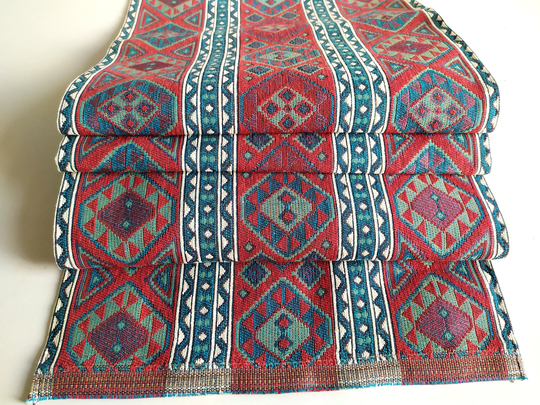 Armenian Table Runner Carpet Decor Cotton Blend Taraz Light Blue & Red Pattern Ornament Choose Size
