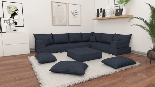 8" Thickness L Shaped Sofa, Linen Fabric French Cushion, Turkish Floor Sofas, Corner Couches, Reading Nook, Bench Color K055C