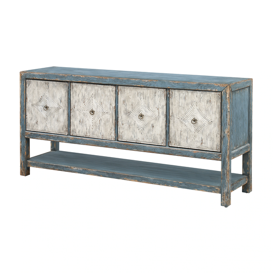 Sutton Antique Inspired 4 Door Storage Credenza/Sideboard with Shelf and Raised Geometric Door Design - Weathered Blue and Right
