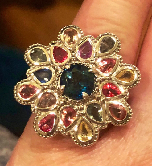 Sapphire With Floral Colors Of All Colors. This Is in A Sterling Silver Vermeil Ring One Inch Wide.all Precious Color Sapphire Size 61/2