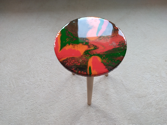 Round Red Green Resin Coffee Table, Bedside Orange Brown Modern Unique Wood Handmade Wooden Abstract Art Sofa Side End Amazing Table