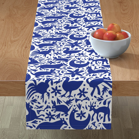 Nature Table Runner - Mexico Springtime Cobalt On White | Large Scale By Sammyk Deer Happy Mice Cotton Sateen Spoonflower