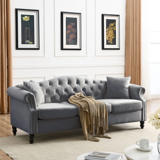 79" Chesterfield Sofa, 3 Seater Velvet Upholstered Sofa Tufted Couch with Nailhead