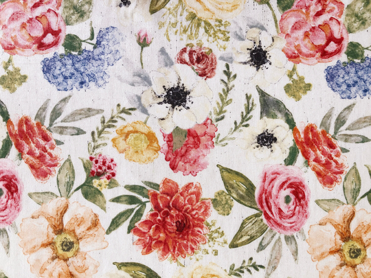 Flowers in Bloom Botanical Sketches Cream Quilting Cotton Fabric By 1/4, 1/2 Yard Or Fat Quarter, Rose, White Anemone, Blue Hydrangea