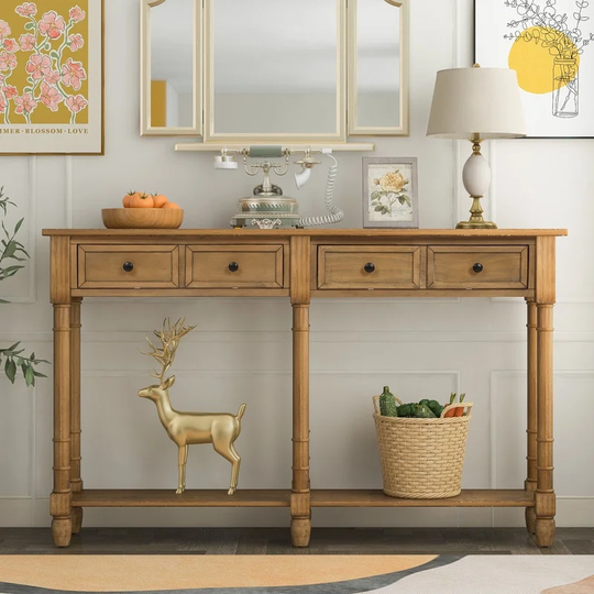 Rustic Console Table with 2 Storage Drawers & Bottom Shelf (Old Pine)