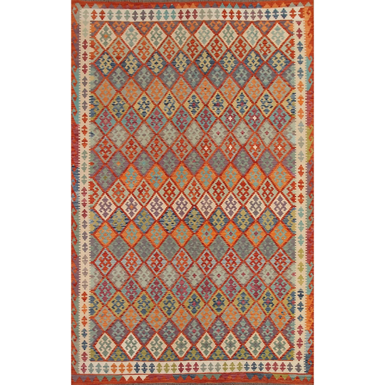 Geometric Multi-Color Kilim Reversible Area Rug Flat-weave Wool Carpet - 8'7"x 11'5"