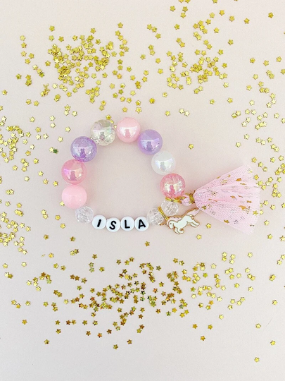 Kids Magical Unicorn Tassel Bracelet, Personalized Charm Bracelet Toddler Custom Name, For Girls, Stretch