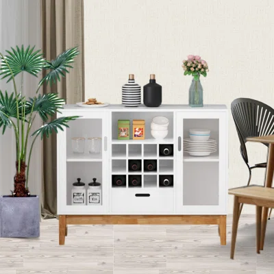Buffet Sideboard With 2 Doors, 12 Compartment Wine Rack Kitchen Buffet Storage Cabinet