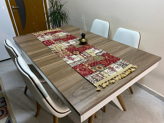 Burgundy Ottoman Turkish Coffee Table Cloth Runner, Beige Vibrant Tulip Oriental Dowry Chest Cloth, Rnr244