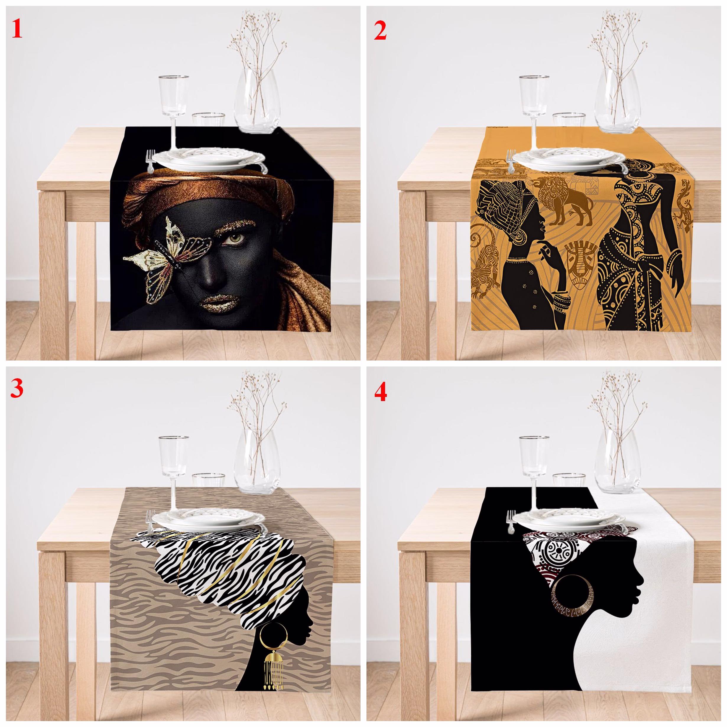 African Lady Table Runner, Girl Kitchen Ethnic Top, Woman Pattern Cover, Rectangle Tablecloth, Black Decor