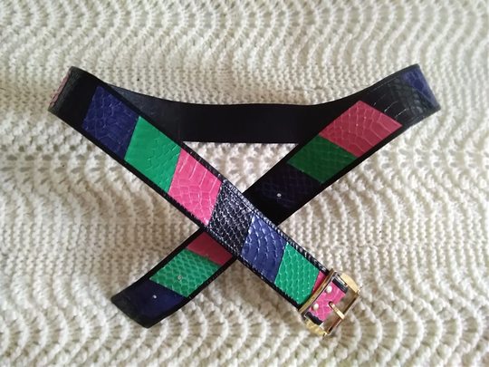 80S Pop-Art Belt Colorful Patchwork Disco Multicolor Embossed Croco Vivid Colors 85 Size Austrian Leather